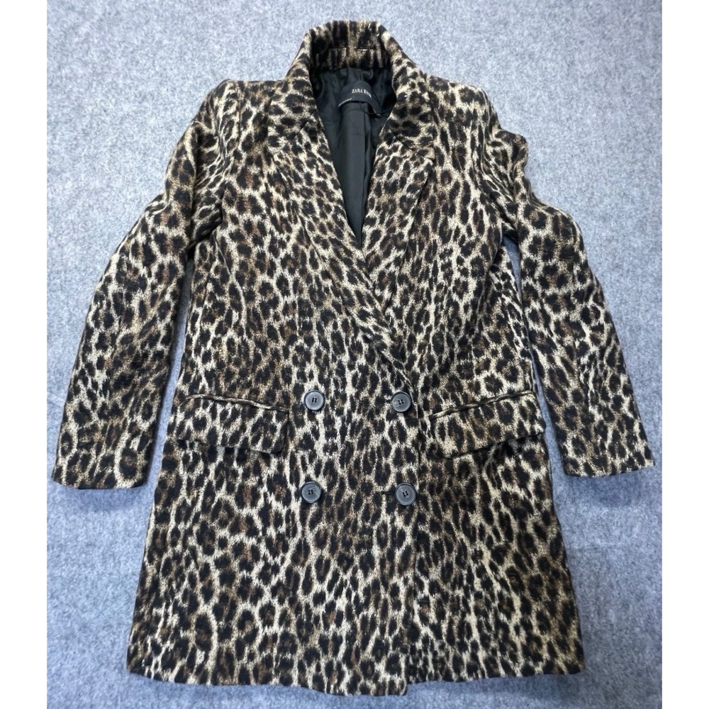 Zara Basic Coat Womens XS Leopard Print Double Breasted Polyester Brown Animal